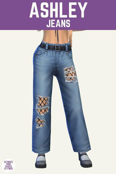 This is a product image for custom content items from The G!Rls Collection. The image has a purple bar at the top with white text that reads "Ashley Jeans" and below that is a sim posed from the waist down wearing jeans with a black belt and rips that have fish nets underneath 