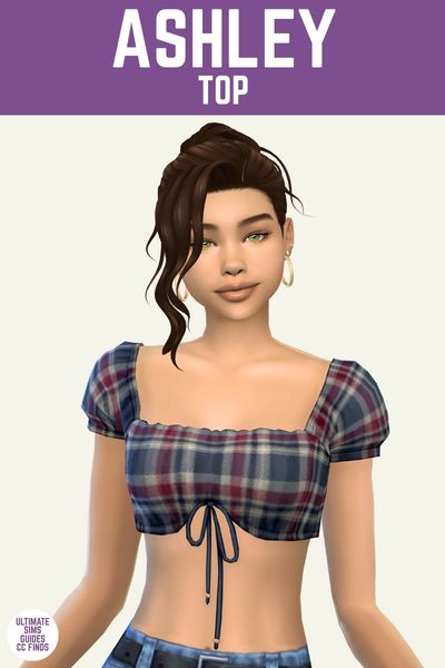 This is a product image for custom content items from The G!Rls Collection. The image has a purple bar at the top with white text that reads "Ashley Top" and below is a sim posed from the waist up. The sim has an up-do hairstyle, gold hoop earrings and is wearing a cropped puff-sleeve top. The shirt is grey and red plaid 