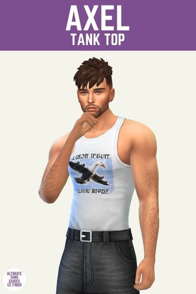 This image has a purple bar at the top and white text that reads "Axel Tank Top" and the sim below has brown hair, a white graphic tank top and black jeans 