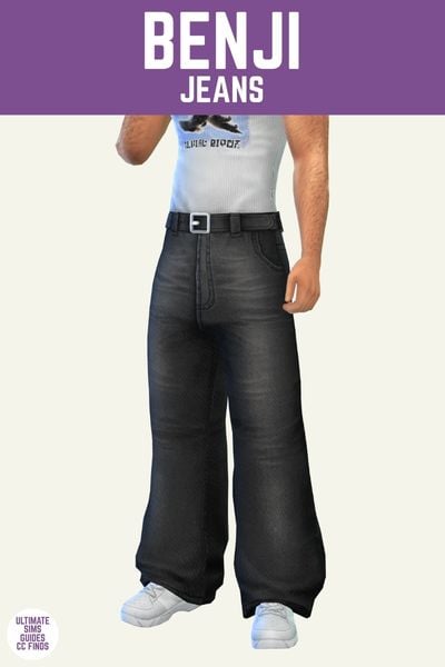 This image has a purple bar at the top and white text that reads "Benji Jeans" and below is a male sim from the waist down wearing black wide leg jeans and white sneakers 