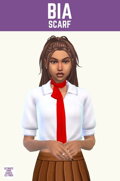 This image has a purple bar at the top with white text that says "Bia Scarf" and below is a sim wearing a white polo shirt and a bright red scarf 