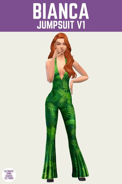 This is a product image for cc from the eden collection by sentate. The image has a purple bar at the top with white text that says "Bianca Jumpsuit V1" and below is a sim posed with one hand on their hip and they are wearing a halter neck jumpsuit with green leaves all over