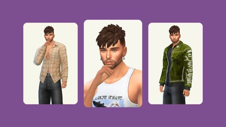 This image has a purple background with three rounded-edge rectangles and inside of those rectangles is the same male sim posed in different clothes