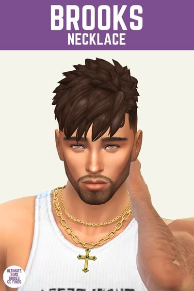 This image has a purple bar at the top and white text that reads "Brooks Necklace" and below is a sim with brown hair wearing a white tank top and wearing two gold chain necklaces with a cross at the bottom. 