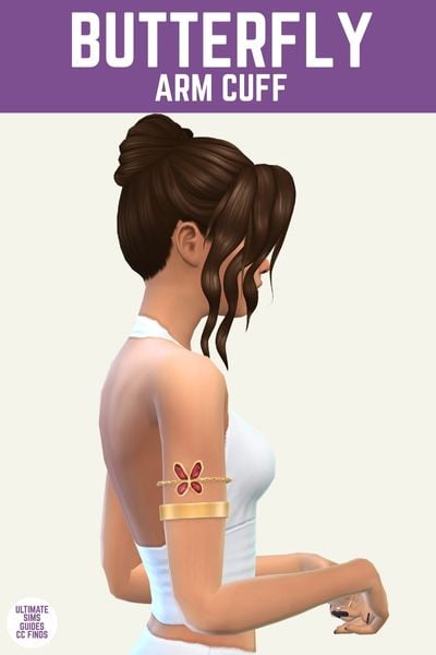 This image has a purple bar at the top with white text that says "Butterfly Arm Cuff" and below is a sim from the side. They are wearing a white tank top, their brown hair is in an up-do and they are wearing a gold arm cuff with a buterfly on it