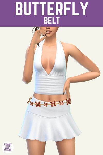 This image has a purple bar at the top with white text that says "Butterfly Belt" and below is a sim wearing a white tank top and white skirt, with a gold and red belt with butterflies.
