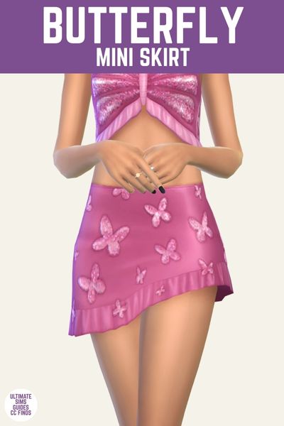 This image has a purple bar at the top with white text that says "Butterfly Mini Skirt" and below is a sim from the knees to the chest. They are wearing a hot pink mini skirt with sparkles on it.
