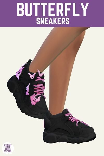 This image has a purple bar at the top with white text that says "Butterfly Sneakers" and below that is a close up of a sim's legs and they are wearing black sneakers with pink laces and butterfly gems