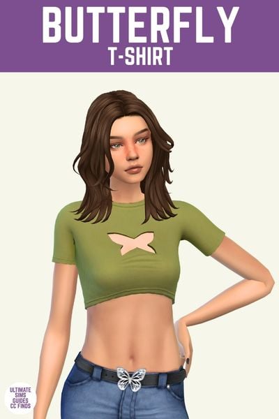 This image has a purple bar at the top with white text that says "Butterfly T-Shirt" and below is a sim with brown hair. They are wearing blue jeans with a butterfly belt and a green cropped t-shirt with a butterfly cut out.