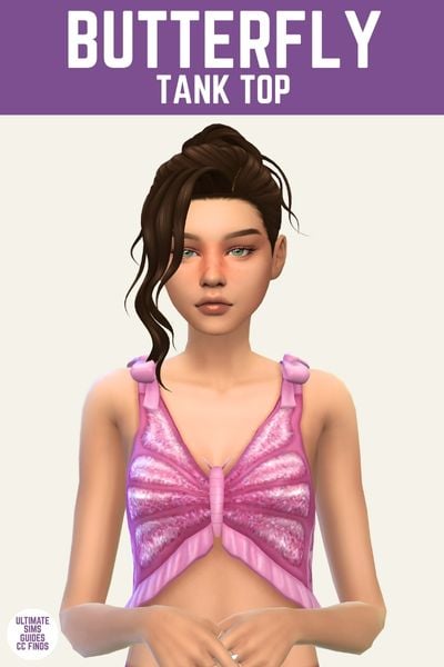 This image has a purple bar at the top with white text that says "Butterfly Tank Top" and below is a sim with their brown hair up. They are wearing a pink tank top in the shape of a butterfly