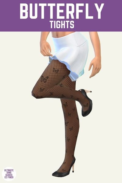 This image has a purple bar at the top with white text that says "Butterfly Tights" and below is a sim from the waist down. They are wearing a black skirt, black heels and fish net tights with butterflies all over them.