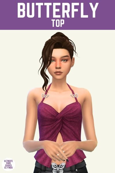 This image has a purple bar at the top with white text that says "Butterfly Top" and below is a sim from the waist up. Their hair is in an up-do and is wearing a halter neckline maroon top with butterfly decals on the straps