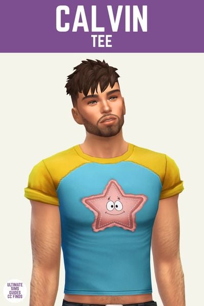 This image has a purple bar at the top and white text that reads "Calvin Tee" and below is a male sim posed in a blue t-shirt with yellow sleeves and patrick the star on it 