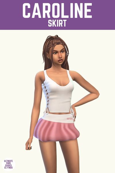 This image has a purple bar at the top with white text that says "Caroline Skirt" and below is a sim wearing a white tank top and a pink puffy skirt. 