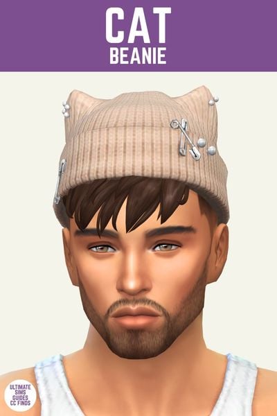 This image has a purple bar at the top and white text that reads "Cat Beanie" and below is a close up of a male sim wearing a beige beanie with safety pins 