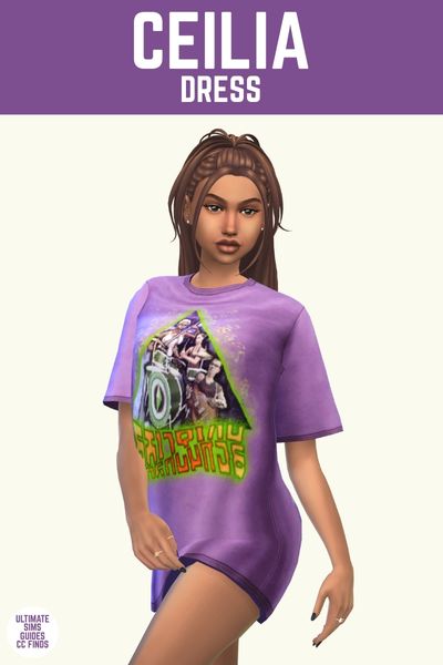 This image has a purple bar at the top with white text that says "Ceilia Dress" and below is a sim wearing a graphic t-shirt as a dress 