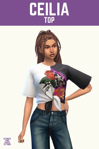 This image has a purple bar at the top with white text that says "Ceilia Top" and below is a sim posed in a pair of jeans and a t-shirt that's tied at the stomach 