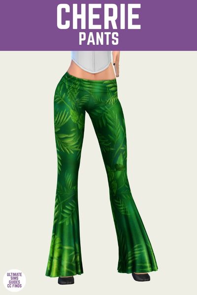 This is a product image for cc from the eden collection by sentate. The image has a purple bar at the top with white text that says "cherie pants" and below is a sim from the waist down. The sim is wearing green pants with leaf designs and black heels