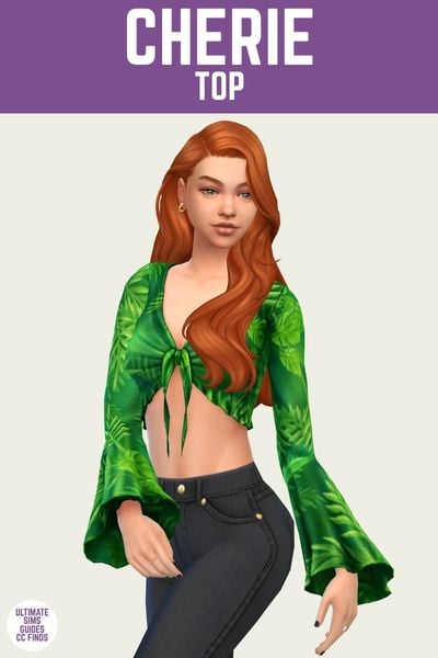 This is a product image for cc from the eden collection by sentate. The image has a purple bar at the top with white text that says "cherie top" and below is a sim with red hair posed. She is wearing black jeans and a cropped long sleeve green shirt with leaf designs all over.