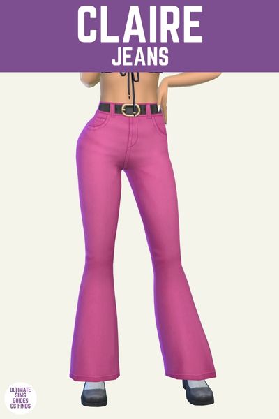 This is a product image for custom content items from The G!Rls Collection. The image has a purple bar at the top with white text that reads "Claire Jeans" and below is a sim posed from the waist down wearing mary jane shoes and bright pink high-waisted jeans 