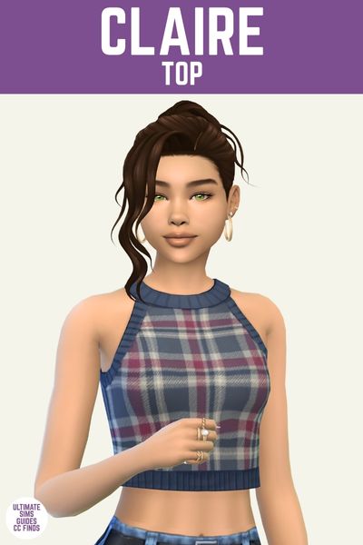 This is a product image for custom content items from The G!Rls Collection. The image has a purple bar at the top with white text that reads "Claire Top" and below is a sim posed from the waist up. The Sim has brown hair in an up-do, gold hoop earrings, gold rings and a cropped knit top 