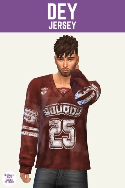 This image has a purple bar at the top and white text that reads "Dey Jersey" and below is a male sim from the hips up. The sim is wearing black jeans and a reddish-brown jersey with the number 25 on it. 