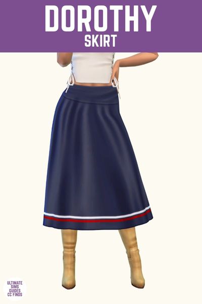 This image has a purple bar at the top with white text that says "Dorothy Skirt" and below is a sim wearing a navy blue skirt with a white and red stripe at the bottom 
