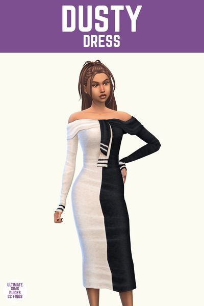 This image has a purple bar at the top with white text that says "Dusty Dress" and below is a sim posed in a sweater dress that's white on one side and black on the other. 