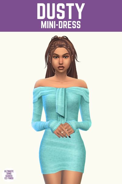 This image has a purple bar at the top with white text that says "Dusty Mini-Dress" and below is a sim posed in an off the shoulder long sleeve dress in light blue 
