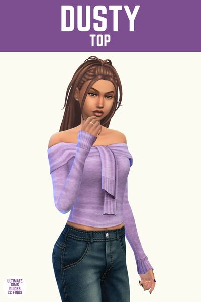This image has a purple bar at the top with white text that says "Dusty Top" and below is a sim wearing an off the shoulder long sleeve top in purple 