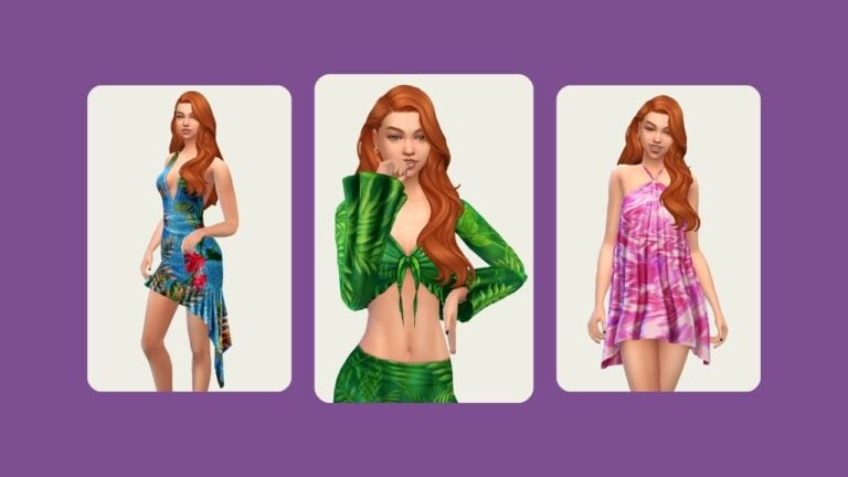 This image has a purple background with three rounded-edge rectangles. In the rectangles a sim with red hair is posing in different outfits