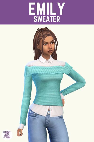 This image has a purple bar at the top with white text that says "Emily Sweater" and below is a sim wearing a white button down top with a blue off the shoulder sweater on top 