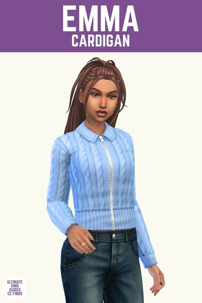 This image has a purple bar at the top with white text that says "Emma Cardigan" and below is a sim wearing a zip-up sweater with cable knits. 