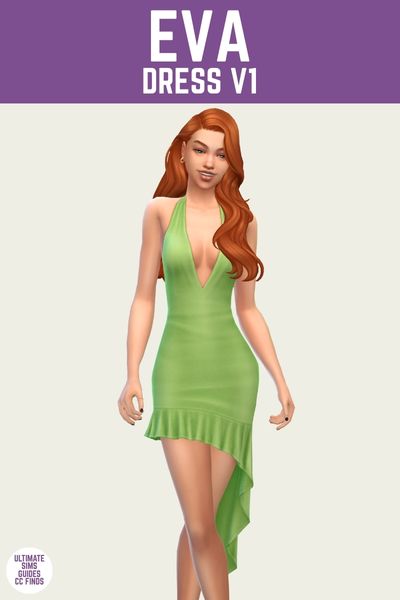 This is a product image for cc from the eden collection by sentate. The image has a purple bar at the top with white text that says "Eva Dress V1" and below is a red haired sim posed with their legs crossed. The sim is wearing a light green halter neckline dress with an uneven hem with a ruffle