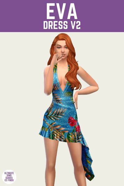 This is a product image for cc from the eden collection by sentate. The image has a purple bar at the top with white text that says "Eva Dress V2" and below is a sim posed. The sim has red hair and is wearing a halter neck sparkly dress with an uneven hem and it's bright blue and has leaves and flowers on it