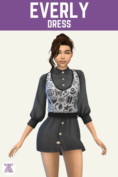 This is a product image for custom content items from The G!Rls Collection. The image has a purple bar at the top with white text that reads "Everly Dress" and there is a sim below posed. They are wearing a 3/4 sleeve button down mini-dress with a patterned black and white vest on top 