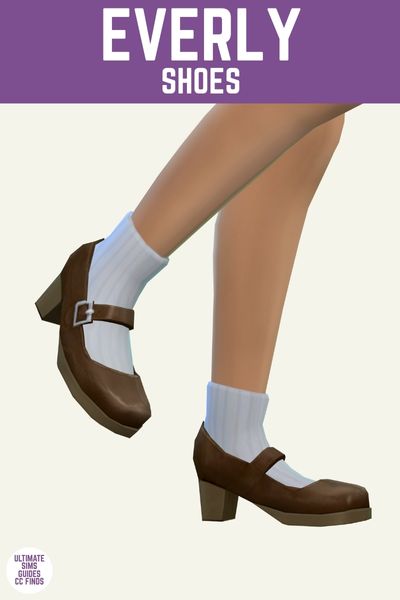 This is a product image for custom content items from The G!Rls Collection. The image has a purple bar at the top with white text that reads "Everly Shoes" and below that is two legs posed wearing white ribbed socks and mary jane style shoes in brown 
