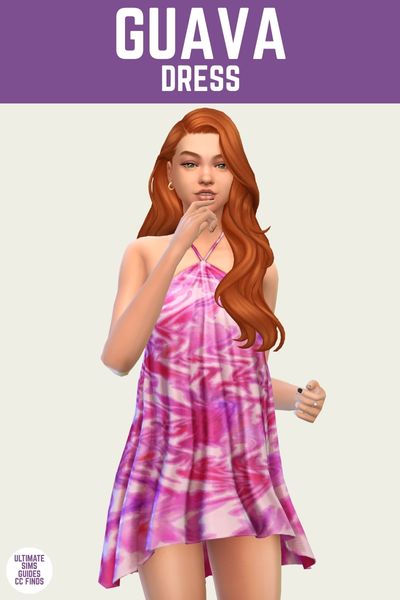 This is a product image for cc from the eden collection by sentate. The image has a purple bar at the top with white text that says "Guava Dress" and below is a sim with red hair posed. The sim is wearing a halter strap neckline mini-dress in pink