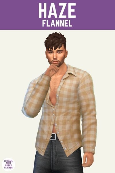 This image has a purple bar at the top and white text that reads "Haze Flannel" and below is a male sim wearing a flannel with most buttons undone. 