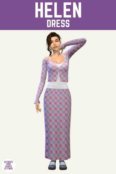 This is a product image for custom content items from The G!Rls Collection. The image has a purple bar at the top with white text that reads "Helen Dress" and below is a sim posed. The Sim has brown hair in an up-do and they are wearing a pink skirt, a white tank top and a matching pink cardigan sweater. 