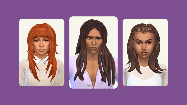 This image has three pictures of sims that all have different hairs. These images are on top of a purple background.