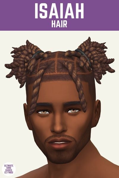 This image has a purple bar at the top and white text that reads "Isaiah Hair" and below is a sim with twists in their hair in two pigtails 