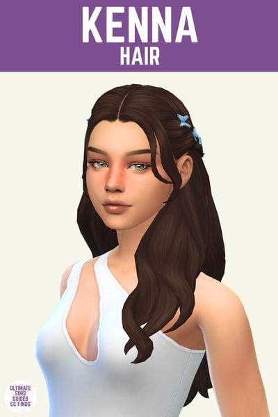 This image has a purple bar at the top with white text that says "Kenna hair" and below is a sim wearing a one shoulder white top. They have their hair half-up pulled back with butterfly clips