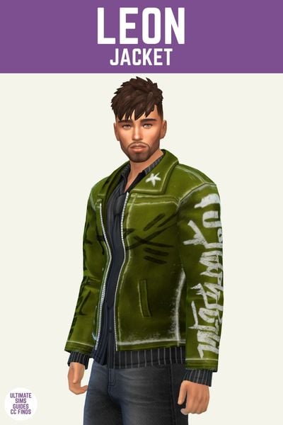 This image has a purple bar at the top and white text that reads "Leon Jacket" and below is a male sim from the hips up. They are wearing a green leather jacket over a black pin stripe button down shirt. 
