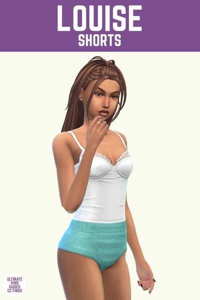 This image has a purple bar at the top with white text that says "Louise Shorts" and below is a sim wearing a white tank top and a pair of blue micro shorts 