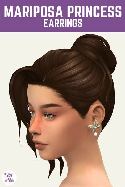 This image has a purple bar at the top with white text that says "Marioposa Princess Earrings" and below is a side view of a sim. They have brown hair in an up-do and are wearing butterfly shaped earrings.