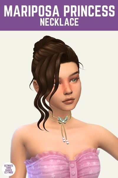 This image has a purple bar at the top with white text that says "Mariposa Princess Necklace" and below is a sim. They are posed from the chest up with brown hair in an up-do, a strapless top, and a choker necklace with a butterfly in the centre.