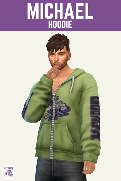 This image has a purple bar at the top and white text that reads "Michael Hoodie" and the sim is wearing a zip up hoodie in green with a graphic design on the chest. 