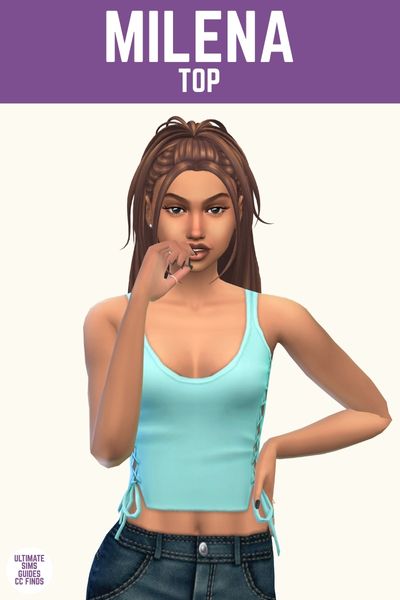 This image has a purple bar at the top with white text that says "Milena Top" and below is a sim wearing a light blue tank top with ties on the sides. 