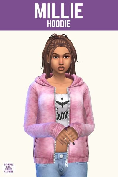 This image has a purple bar at the top with white text that says "Millie Hoodie" and below is a sim wearing a cropped tank top with a pink zip-up hoodie 